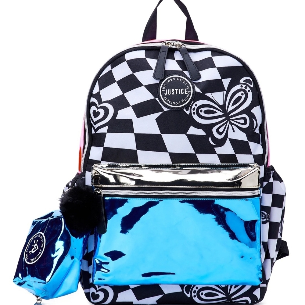 Justice Black & White Checkerboard Backpack with Metallic Blue Pocket
